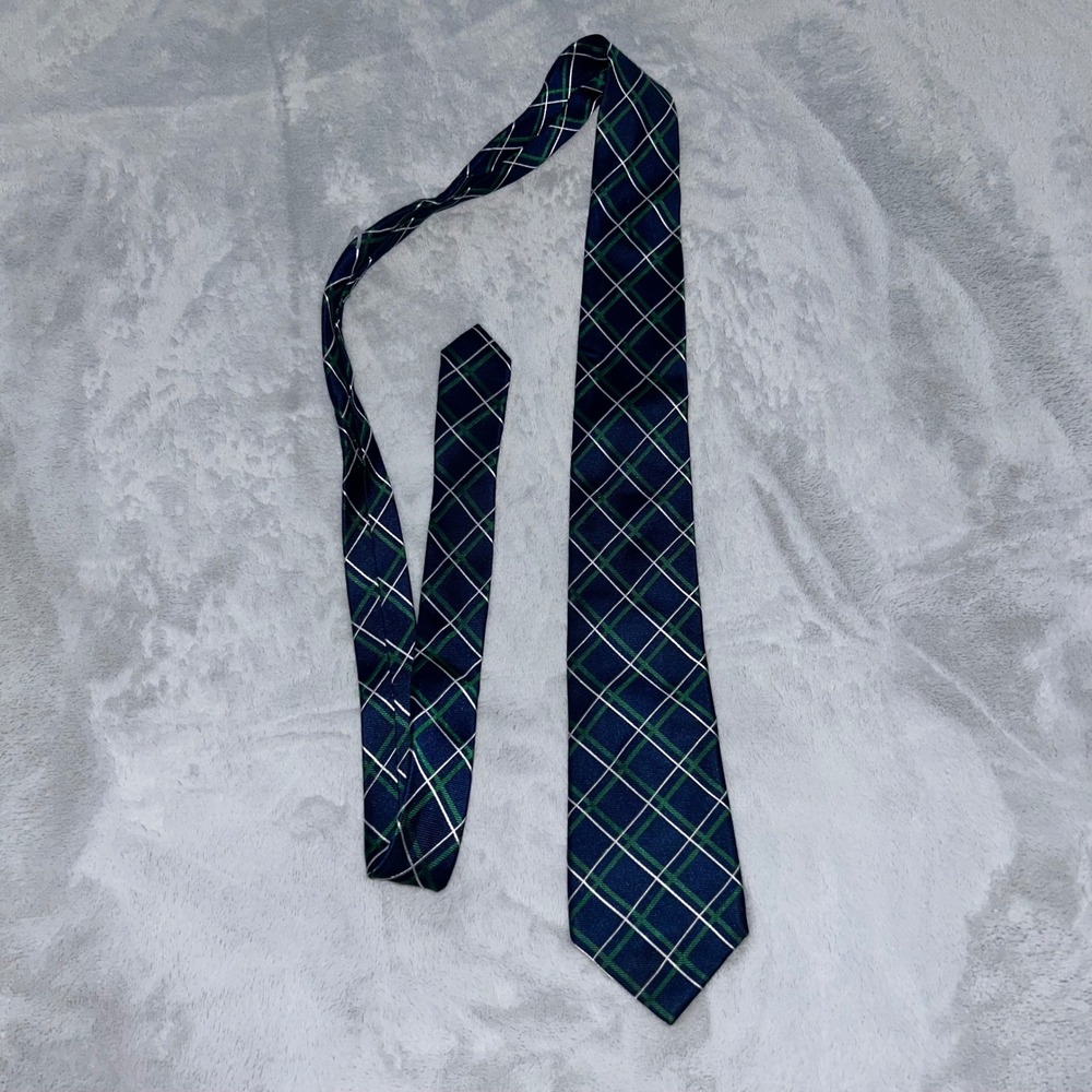 Chaps Mens Navy Blue Green White Plaid 100% Silk Classic Necktie